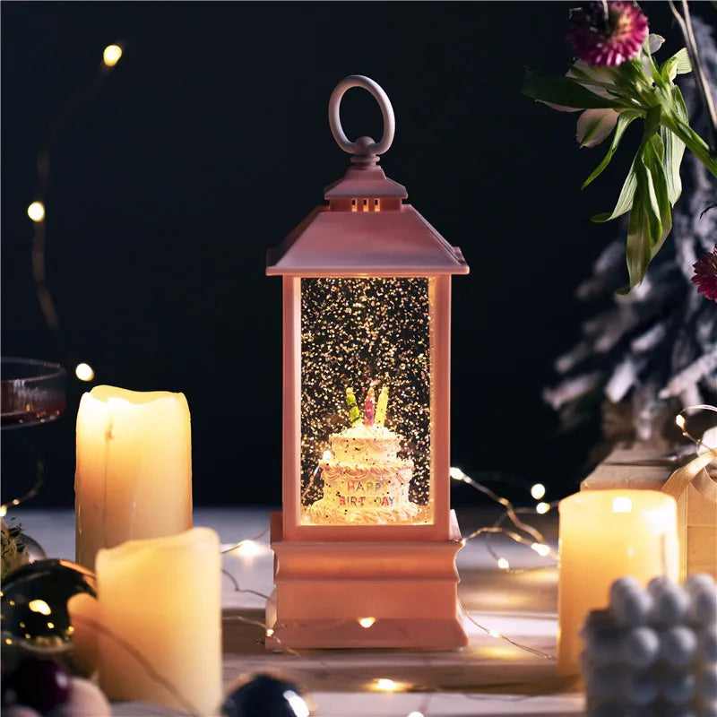 Hot Sale Resin Material Night Glitter Lighted Mini Wind Lantern Decoration Christmas Gift White Snow Globe Water Lantern