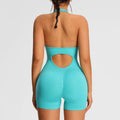 Women's Sports Bodysuit Short Length Stretchy Padded Soft Halter Neck Ribbed Scrunch Back Yoga Jumpsuit