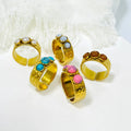 DAIHE NEW PVD 18K Gold Plated Stainless Steel Hollowed Round African Turquoise Adjustable Rings Unisex Jewelry