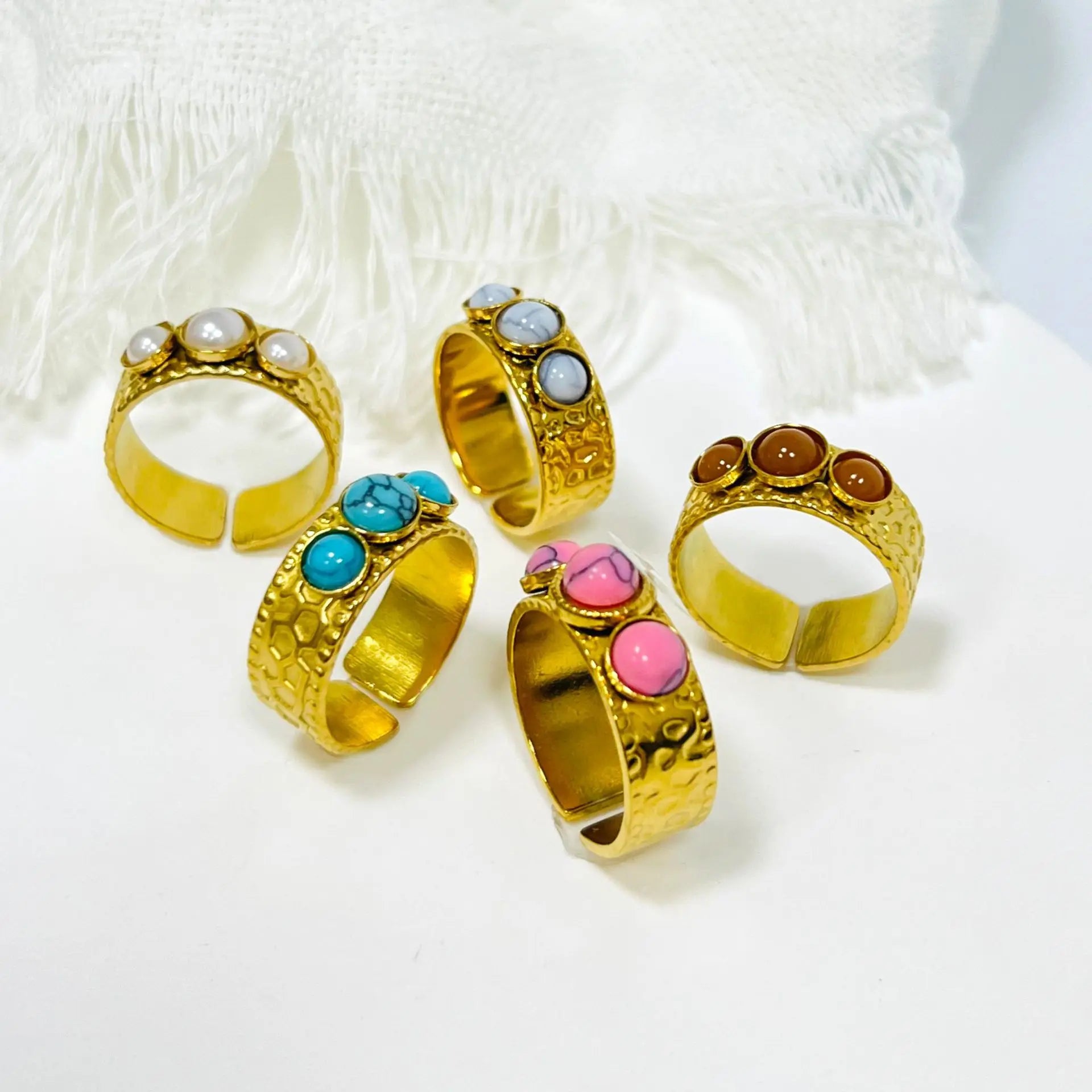 DAIHE NEW PVD 18K Gold Plated Stainless Steel Hollowed Round African Turquoise Adjustable Rings Unisex Jewelry