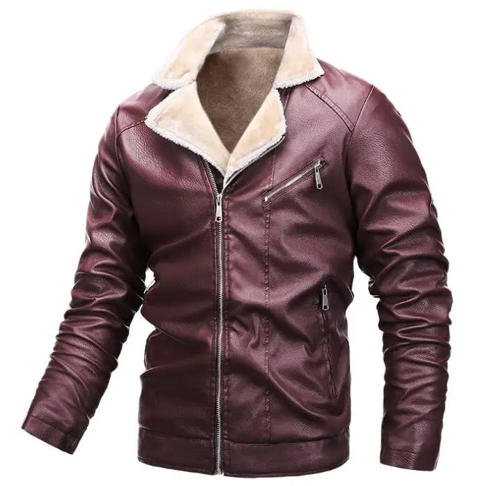 Men's Standing Collar Plush Leather Jacket Casual PU Leather Jacket Motorcycle Coat Baseball Jackets