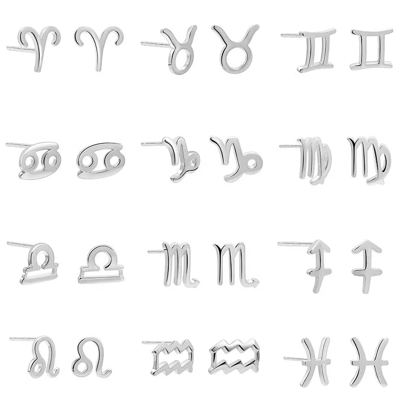 Wholesale Fine Jewelry New Symbol 12 Birth Months Tiny Astrology Horoscope Earrings Silver Zodiac Stud Earrings