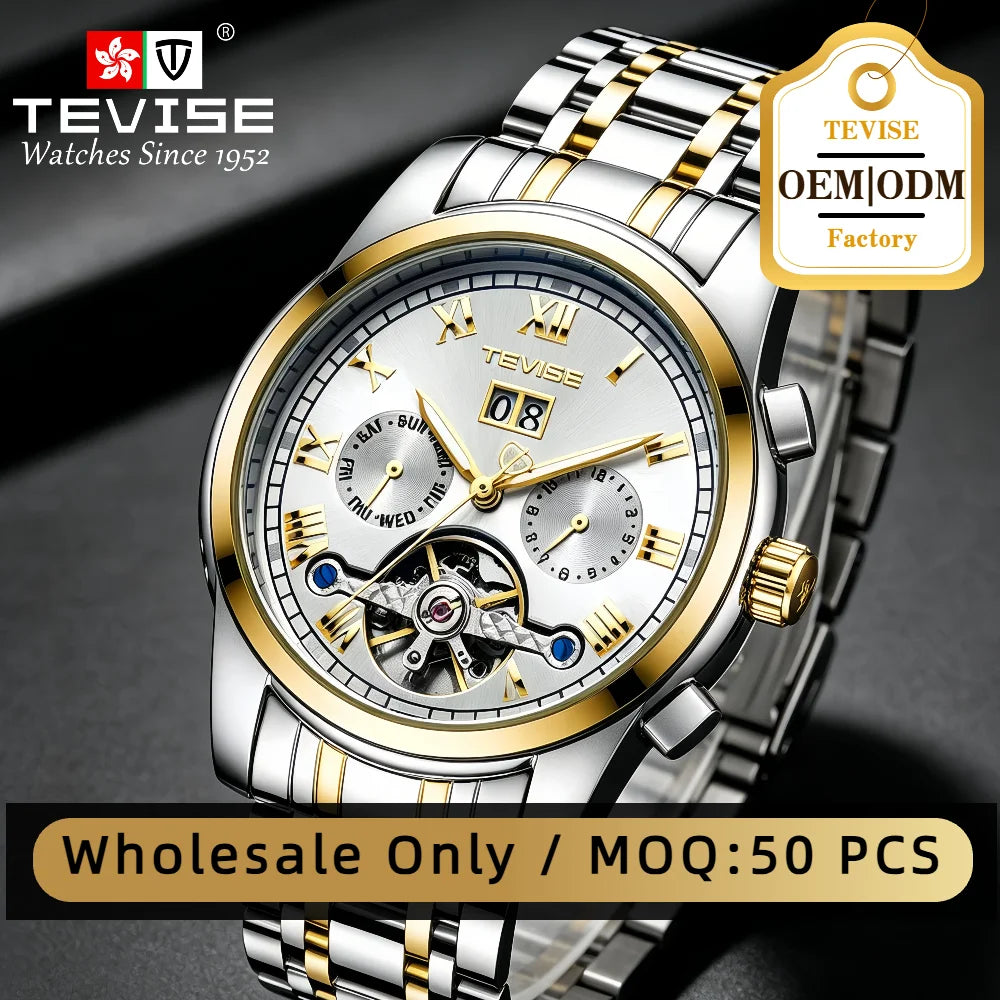 TEVISE Wholesale Luxury Men's Automatic Tourbillon Watch for Men 38mm Dial Stainless Steel Waterproof Montre