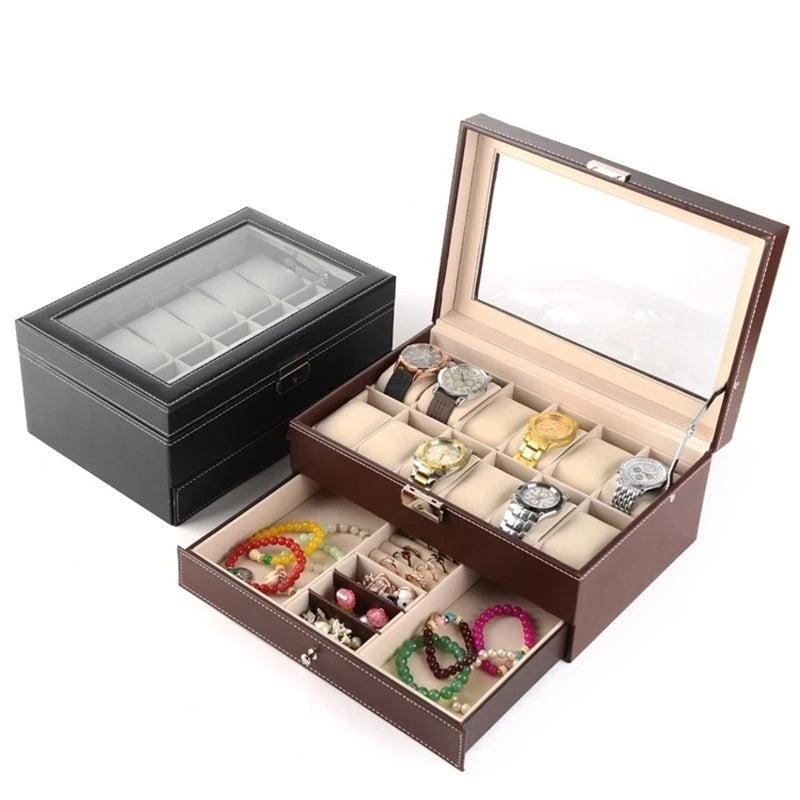 Luxury Black Wooden Watch Box with 12 Slots Velvet Jewelry Case and Glasses Display Organizer Travel Watch Storage Case