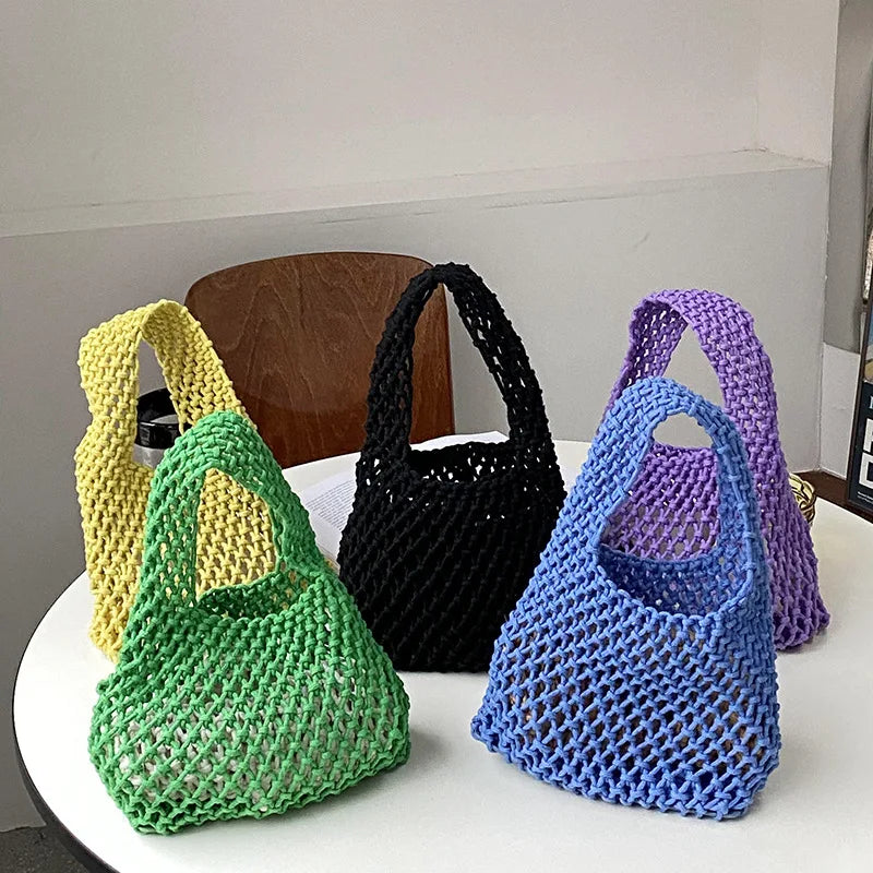 New Handcrafted Hollowed-out Women's Crochet Simple Handbag Summer Travel Beach Net Bag Water Resistant