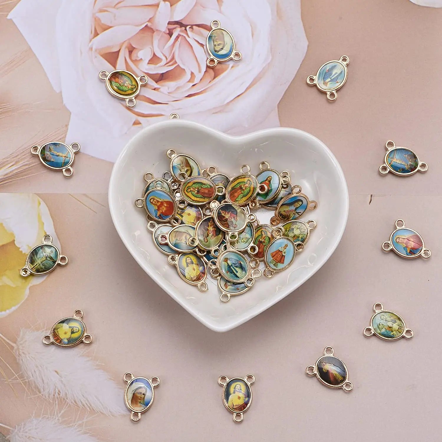 100pcs Mix Enamel Gold Our Lady Medal Floral Rosary Centerpiece Jesus Virgin Mary Catholic Alloy Crucifix 12x16mm