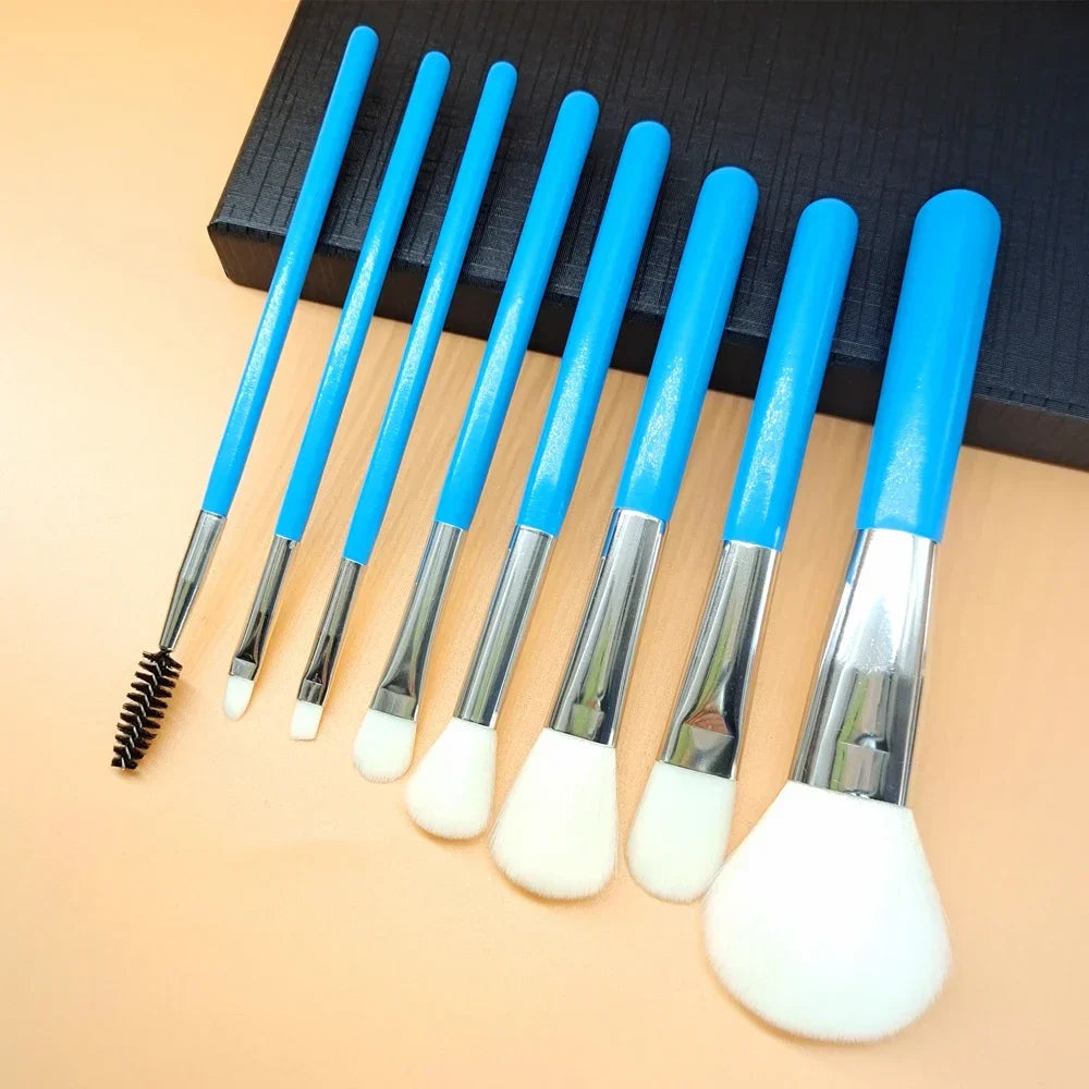 Wholesale 8Pcs Blue Face Makeup Brushes Set Soft Synthetic Hair Vagan Wood Handle Professional Portable Cosmetic Brush