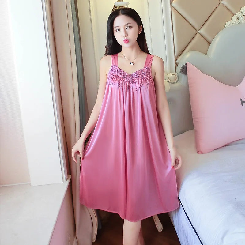 Summer Ice Silk Women Nightgown Short Sleeve Lace Bow Trim Sleepwear Knee Length Lady Elegant Night Dress