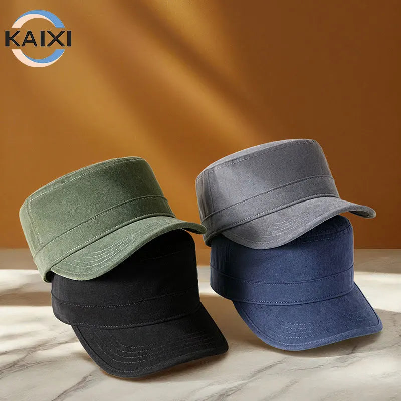 Unisex Cadet Baseball Cap Adjustable Flat Top Twill Classical Cap Outdoor Washed Cotton Trucker Hat