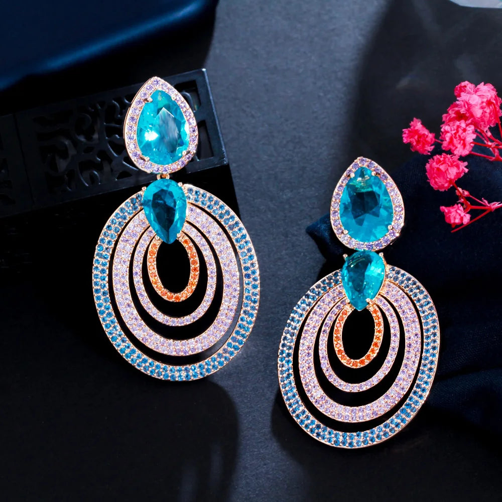 Multiple Round Light Blue Cubic Zirconia Micro Insert Luxury Big Dangle Drop Earring Jewellery for Women Wedding Party Wear