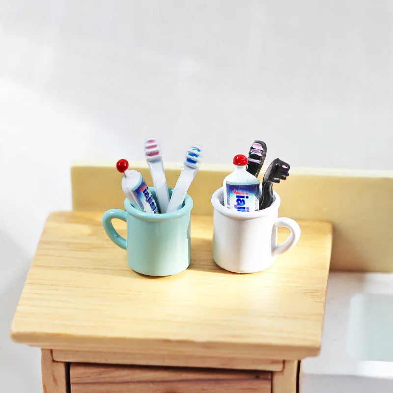 Mini Metal Toothbrush Cup and Toothpaste Set DIY Model Toy for Dollhouse Bathroom Accessories Mini Food Scene Toy
