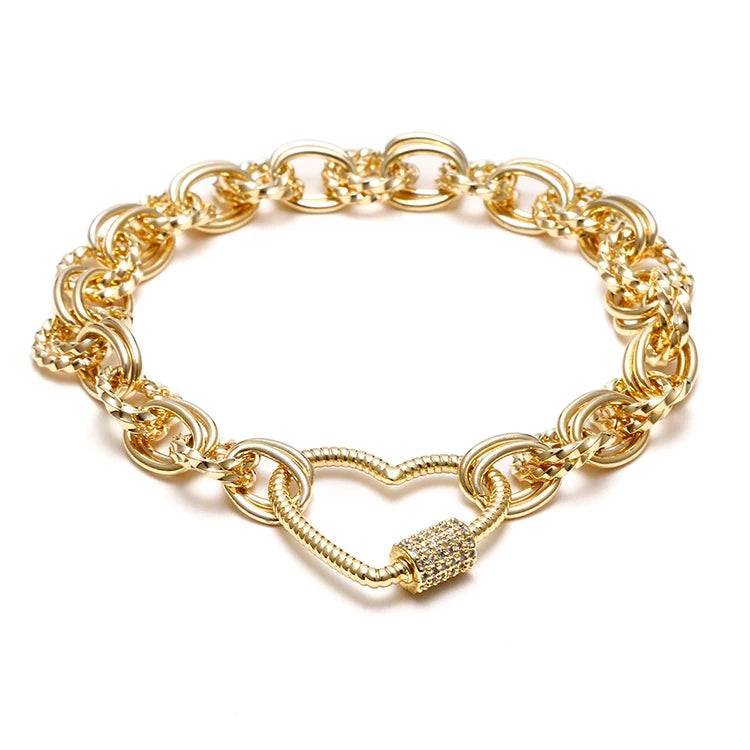Factory Supplier Trendy Gold Plated Chain Link Heart Charm Bracelet Jewelry