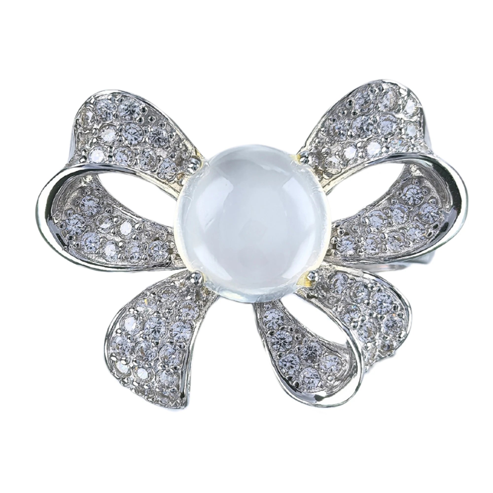 Romantic Rhodium Plated Silver 925 Jewelry Natural Moonstone Bow Ring for Women Birthday Gift
