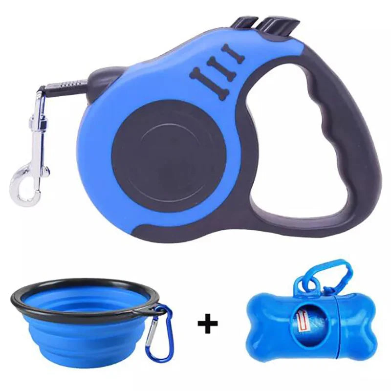Retractable Quick Release Dog Leash with Poop Waste Bag Dispenser and 1000ml Bowl-3m/5m Options