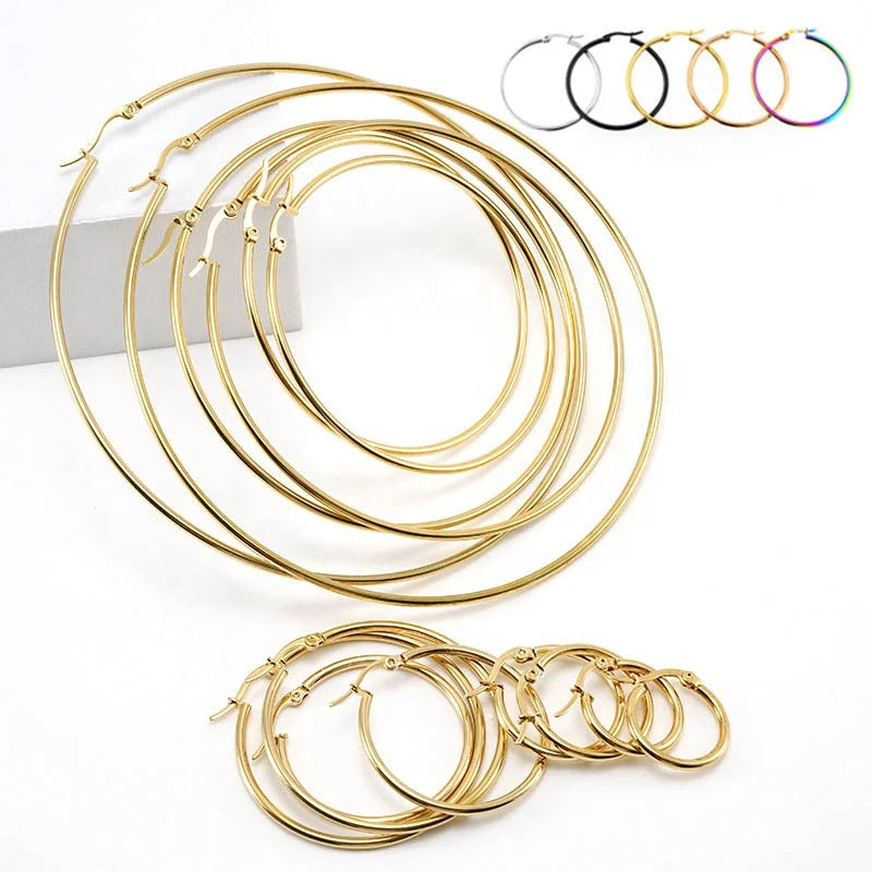 Wholesale Simple Silver 18k Gold Plated 2mm Thin 25 to 100mm Oversized Hoop Earrings Stainless Steel 316l Hoop Earrings