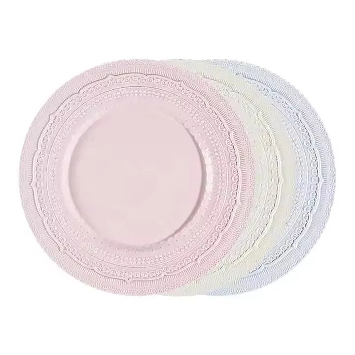 Wholesale Bone China Ceramic Plate Hand Painted Embossed Decal Blue Pink Beige Lace Porcelain Dinner Dessert Plate for Wedding