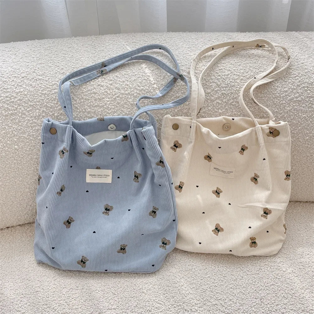 Cartoon Bear Women's Corduroy Shoulder Bags Large Capacity College Girls Book Tote Handbags Commuter Purse Female Shopping Bag