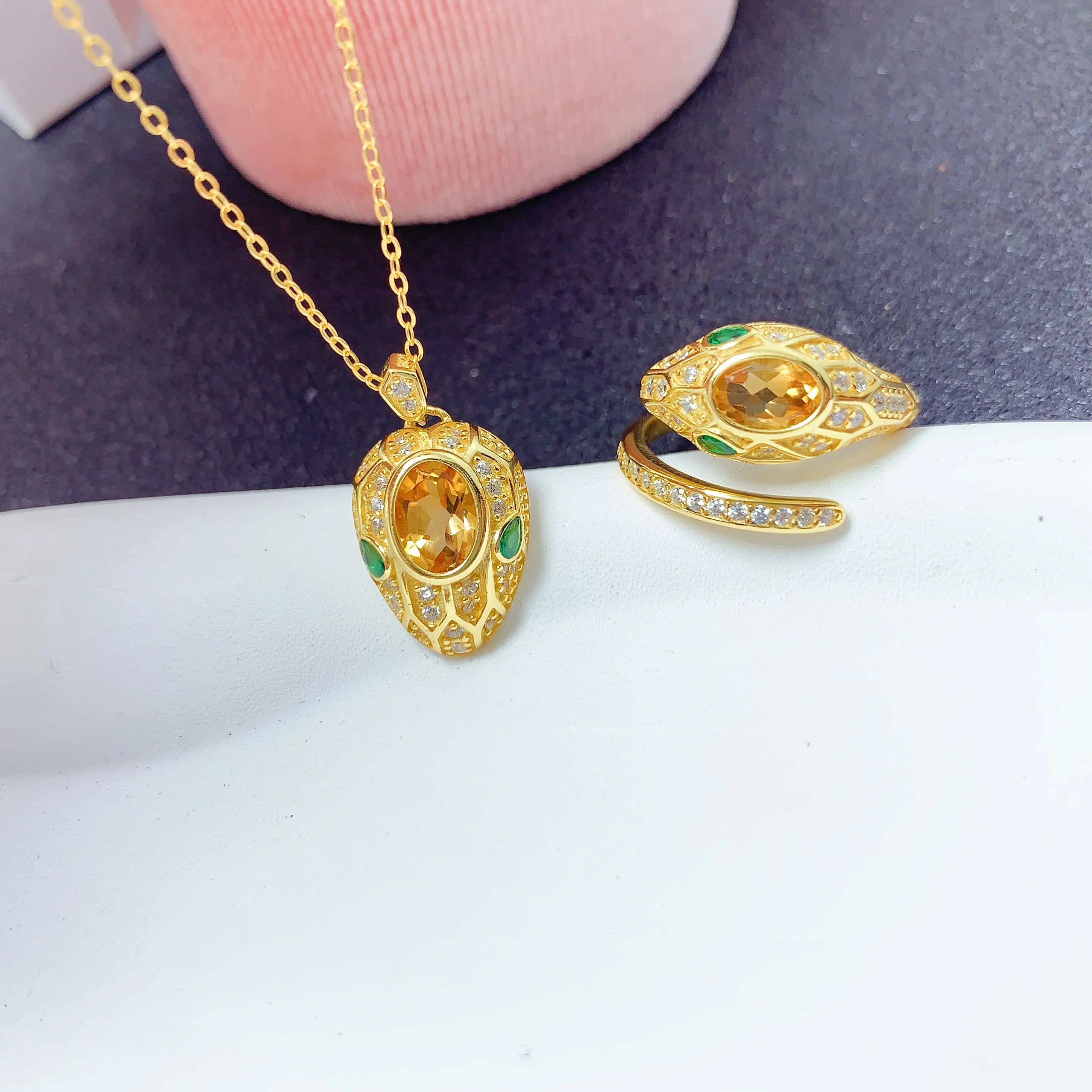 Factory Supply 925 Sterling Silver Natural Citrine Stone Jewelry Set Full Set for Indian Wedding Engagement Party Gold Plated