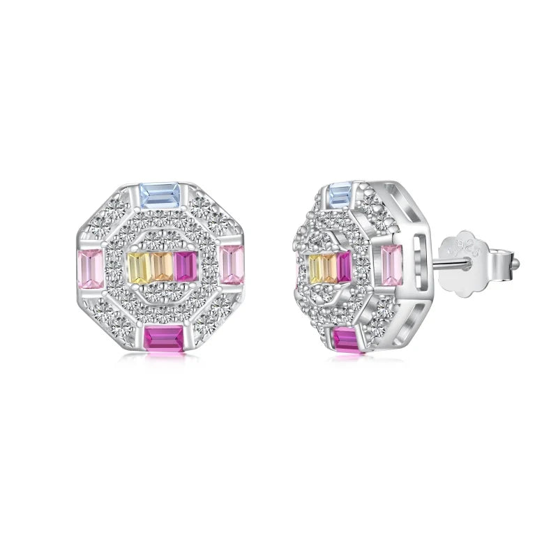 Fine Jewelry 925 Sterling Silver Rainbow Baguette Colorful Cube Zircon Stud Earrings for Women