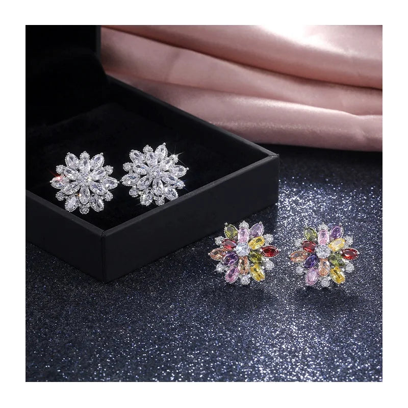Luxury Party Gifts Sun Flower Multi Colors Cubic Zirconia Flowers Stud Earrings for Women Ear Stud