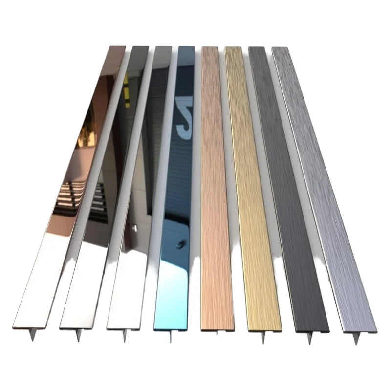 Modern Stainless Steel T-Shape Tile Trim for Living Room Gold Metal with Mirror Surface Treatment