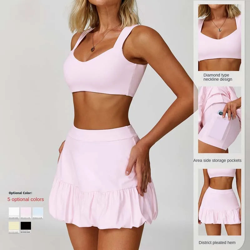 SHINBENE 2Pcs Womens Workout Sets Tennis Dress Built in Shorts Tank Top and Skort Set with Pocket
