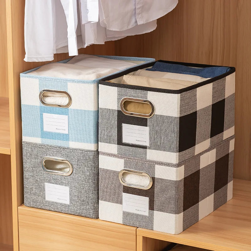 Plaid Foldable Storage Bins Cotton Linen Fabric Open Storage Basket Box Folding Cloth Household Washable Collapsible Storage Box