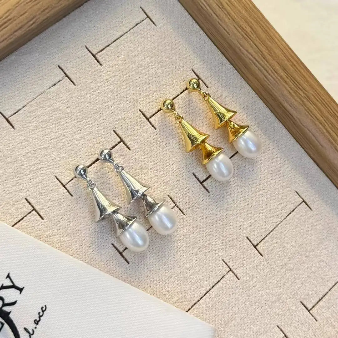 Happy Personality Wind Chime Earrings for Girls 7-8mm Natural Freshwater Rice Shaped Pearls
