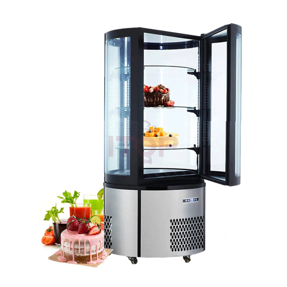 China Commercial Supermarket Equipment Vertical Round Double Glass Rotating Display Cake Stands Display Revolving Showcase