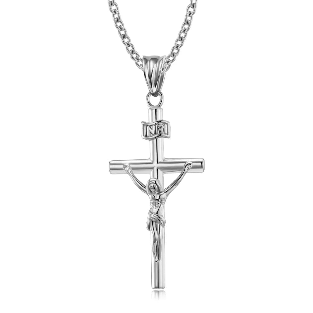 European-American Style Stainless Steel Cross Necklace with Zircon Charming Religious Pendant for Personalized Anniversary Gifts