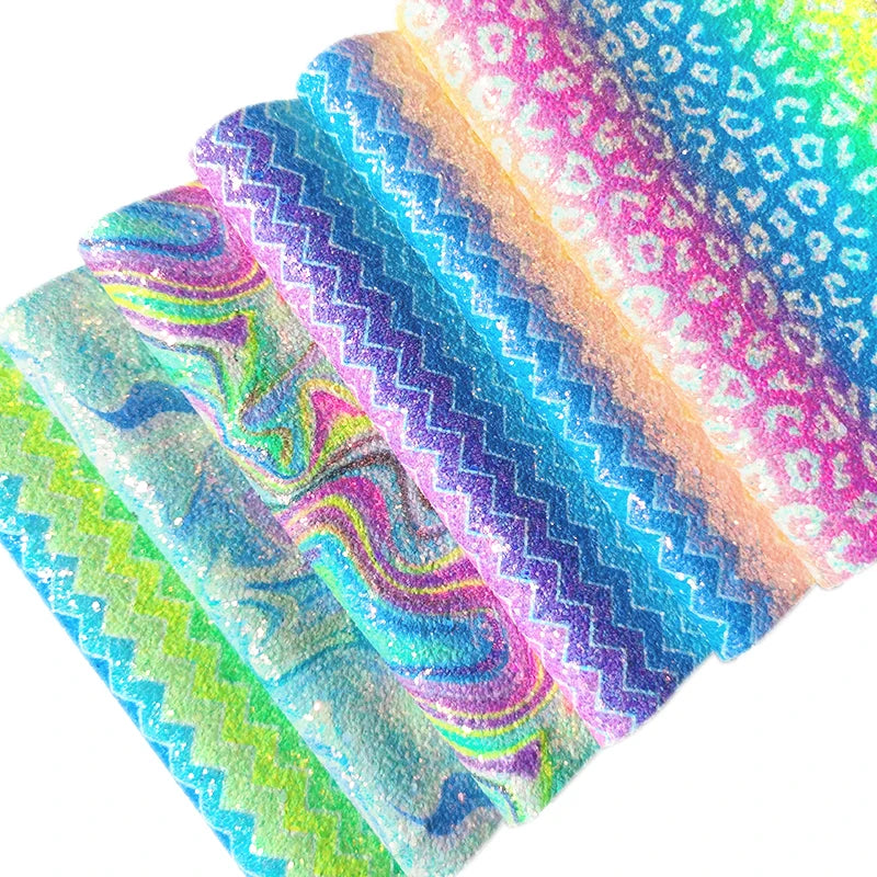 Printed Neon Chunky Glitter Faux Leather Sheets Shiny Fluorescent Solid Color PU Leather Mixed Color Sequins Synthetic Sheets C