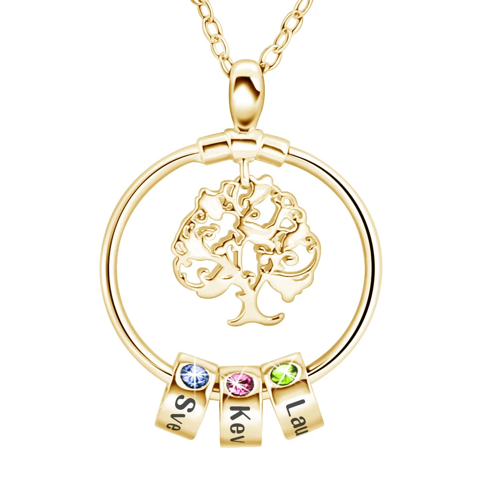 Customized Stainless Steel Family Tree Pendant Necklace Trendy Circle Design with Engraved Birthstone Name Beads & Link Chain