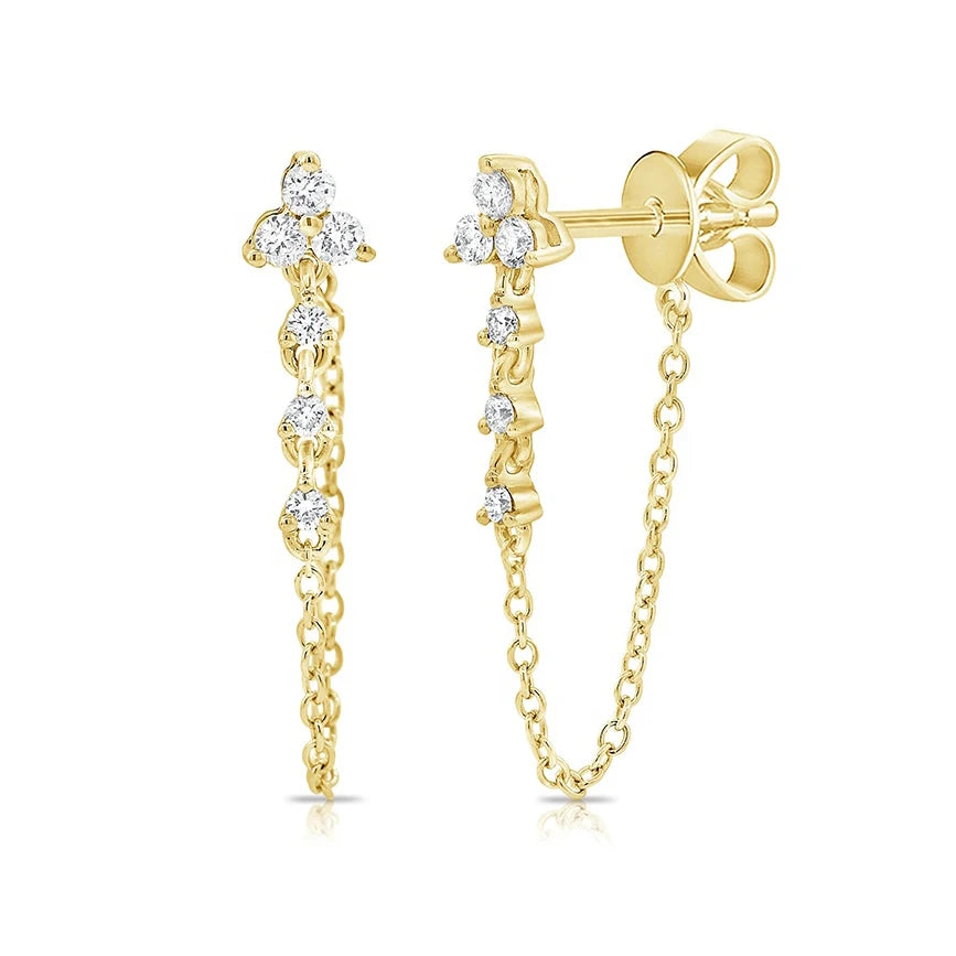 Gemnel Minimalist 925 Sterling Silver 18k Gold Plated Trio Diamond Drop Chain Zircon Stud Earring