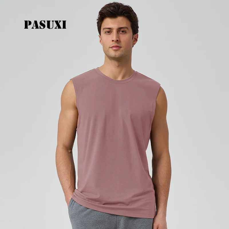 PASUXI Casual Loose Fit Modal Sports Vest Men Cool Breathable Sleeveless Gym Tank Top Wide Shoulder Outdoor Running Shirt