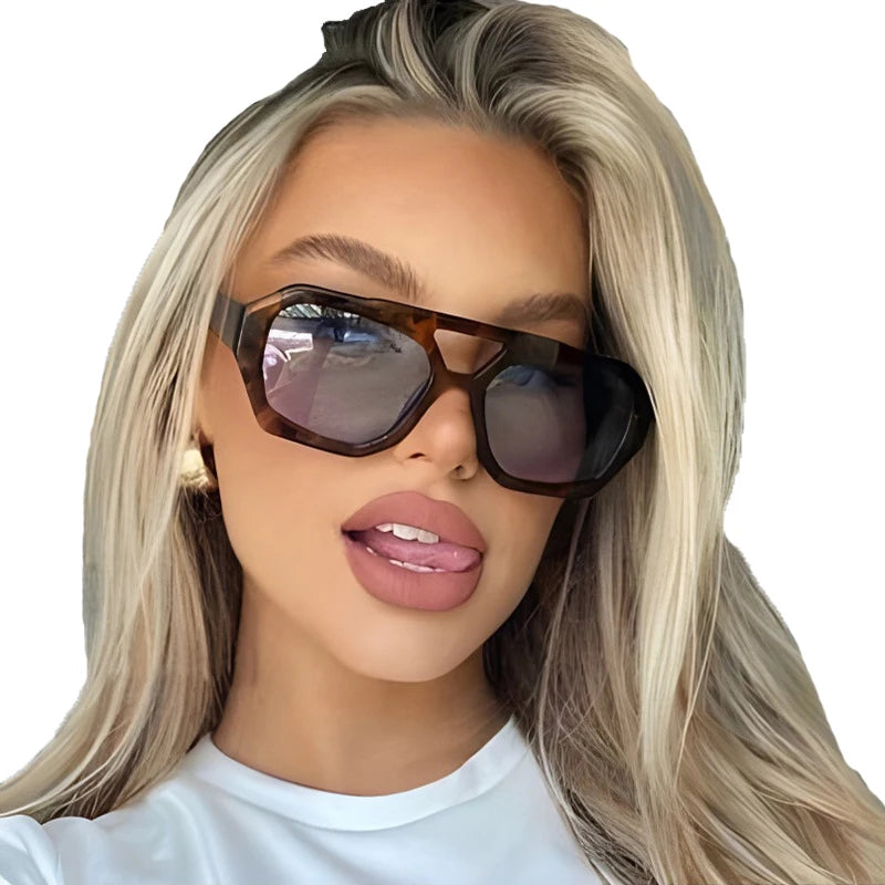 Fashion Double Bridge Sunglasses Trendy Flat Top Irregular Tortoiseshell Sun Glasses Black Frame Blue Light Blocking Glasses