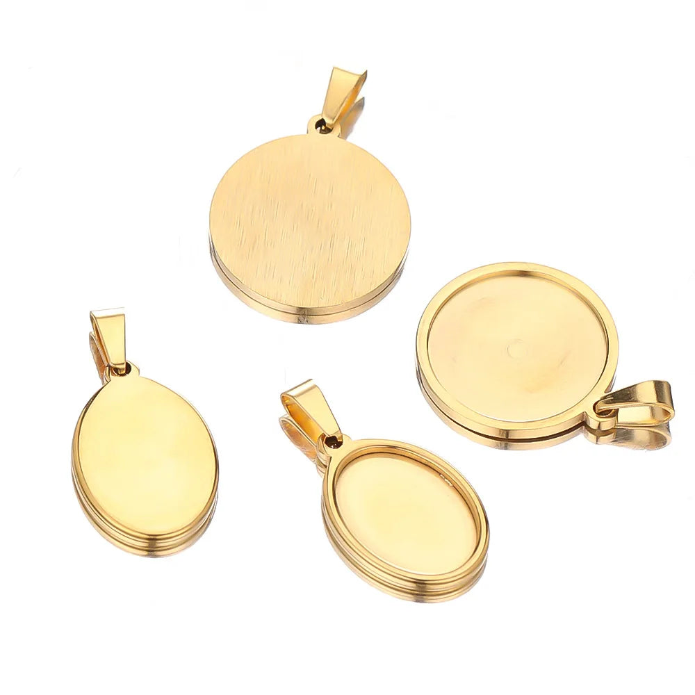 Stainless Steel Blank Cabochon Tray Finding Polymer Necklace Jewelry Round Oval Charm Pendant Base
