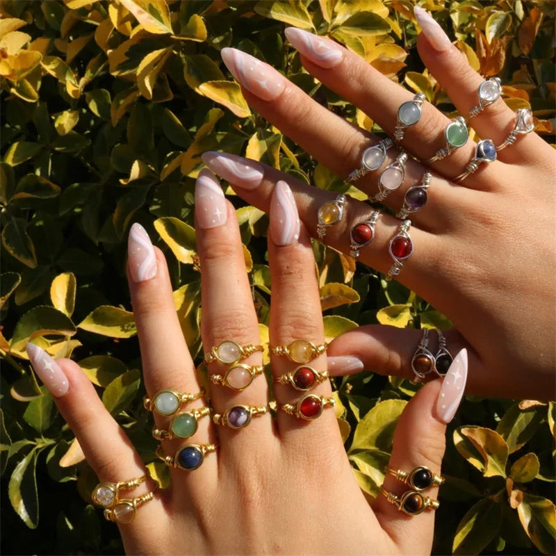 Silver Gold Plated Stone Gemstone Round Rose Quartz tiger Eye Handmade Wire Wrapped Crystals Healing Stones Rings Jewelry