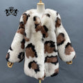 Winter Women Warm Wholesale Fluffy Fox Fur Coat V-neck Leopard Pattern Loose Size Genuine Fox Fur Coat