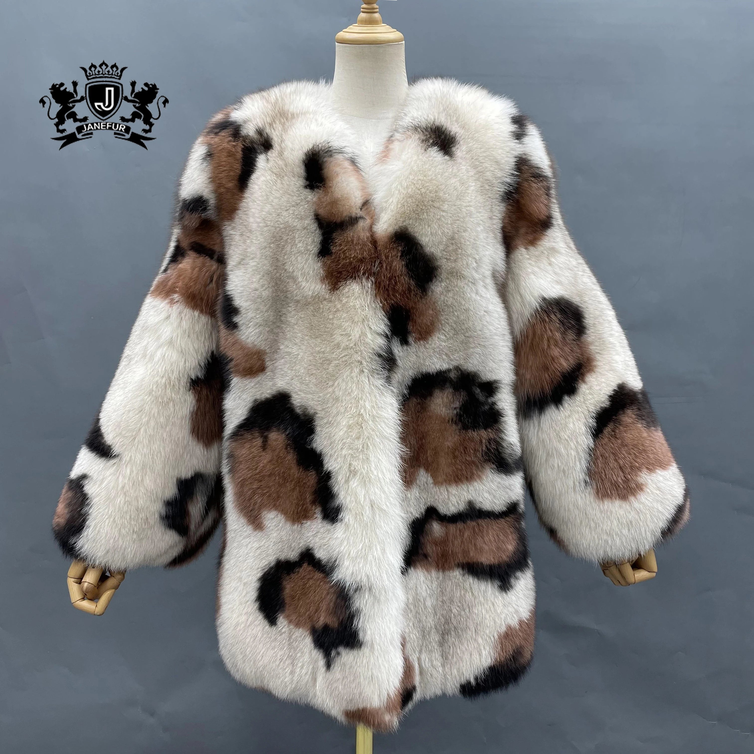 Winter Women Warm Wholesale Fluffy Fox Fur Coat V-neck Leopard Pattern Loose Size Genuine Fox Fur Coat