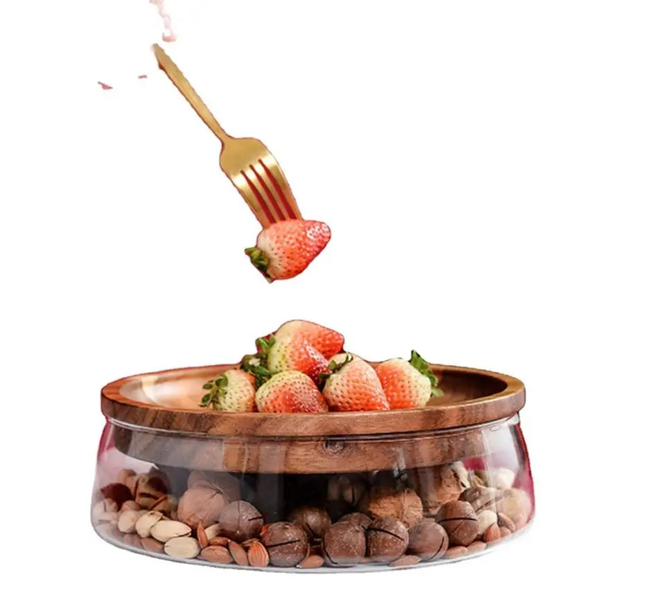 Fruit Plate Creative Double Glass Glazing Nut Plate with Wooden Plate Cover Lid Candy Box Glass Fruit Container