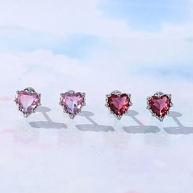 Dainty 925 Sterling Silver Love Heart Pink Cz Diamond Stud Earrings Heart Zircon Screw Back Stud Earrings for Girls