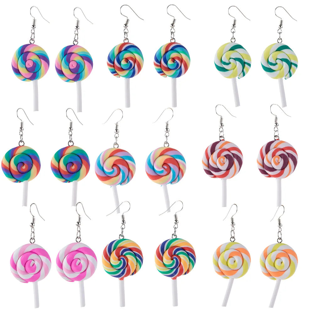 New Design Rainbow Lollipop Dangle Earrings Handmade Colorful Clay Earrings  Cute  Candy Earrings for Girls