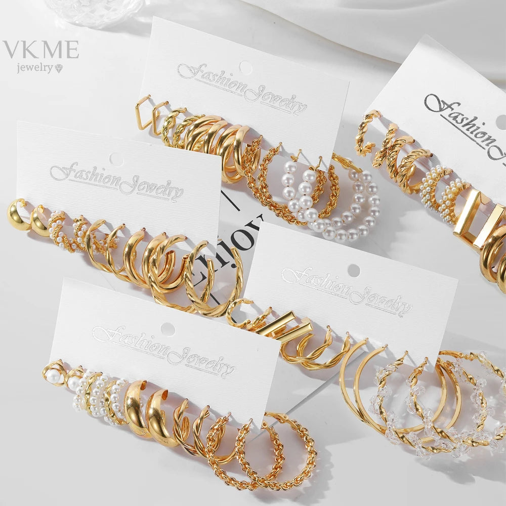 VKME  Gold Plated Hoop Earrings Fashion Pearl Hoop Earring Set for Women Jewelry