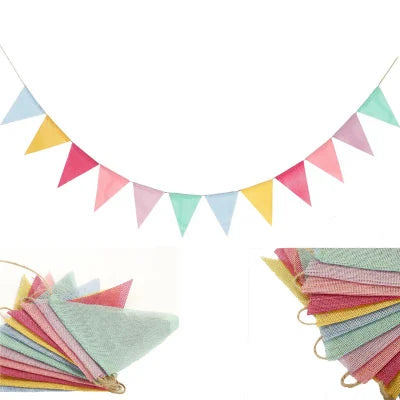 Colorful Reusable Jute Linen Flags Printed Pennant Birthday Bunting Banners Wedding Wall Hanging Garland Sports Decorations