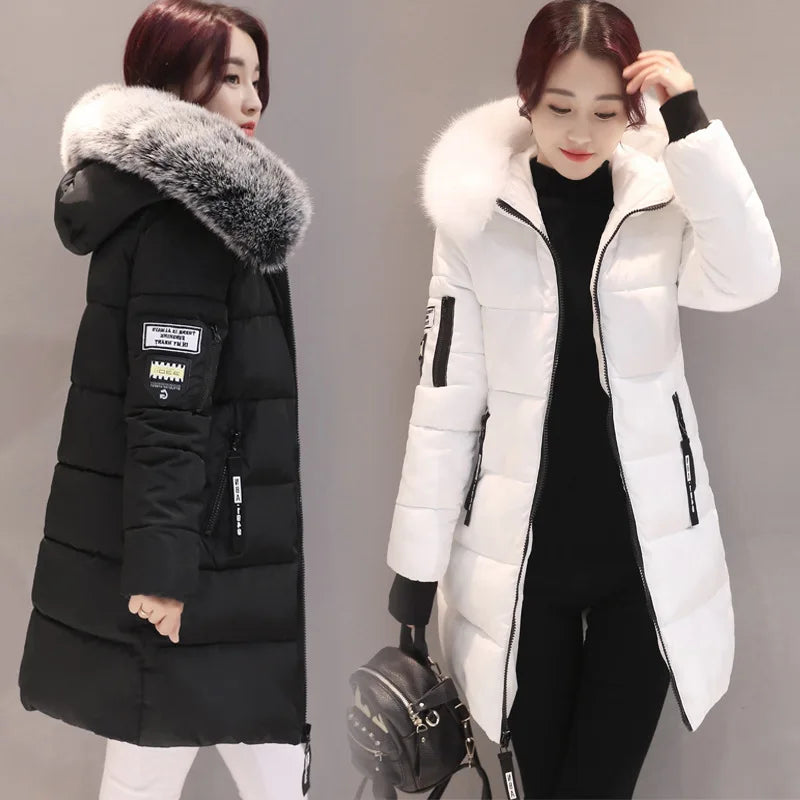 Winter Women Coat Parkas Mid-length Hooded Padded Jacket Big Fur Collar Warmth Jacket Cheap Wholesale