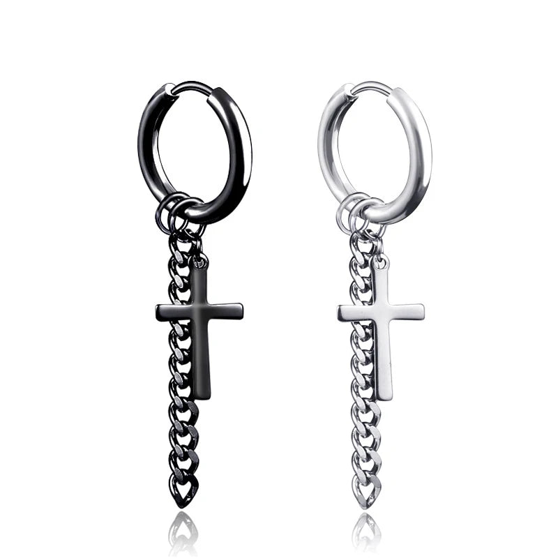 Hiphop Silver Gun Black Plated Stainless Steel Cross Chain Pendant Men No Piercing Cuff Ear Earring Jewelry