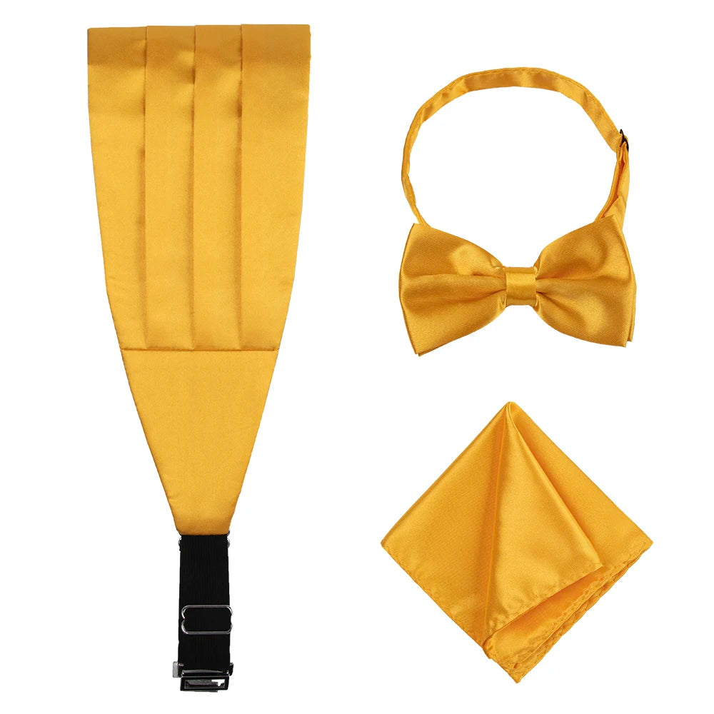 Best Wholesale Price Yellow Cummerbund Set Bow Ties Pocket Square-Made 100% Polyester Glossy Satin Adjustable Durable
