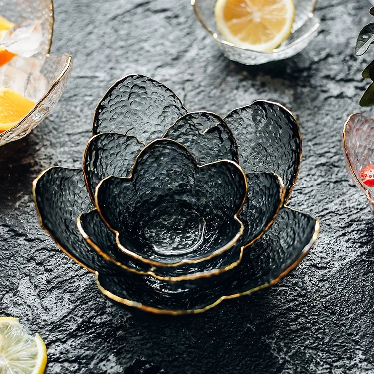 New Cherry Blossoms Seasoning Plate Small Glass Dish Nodic Gold Inlay Sauce Bowl for Ice Cream Fruit Sala Kitchen Supplies