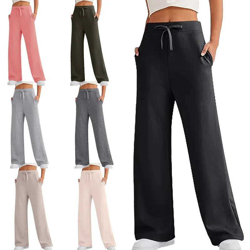 Spring Summer Women Casual Pants High Waist Pocketed Solid Color Lady Long Straight Sports Trousers