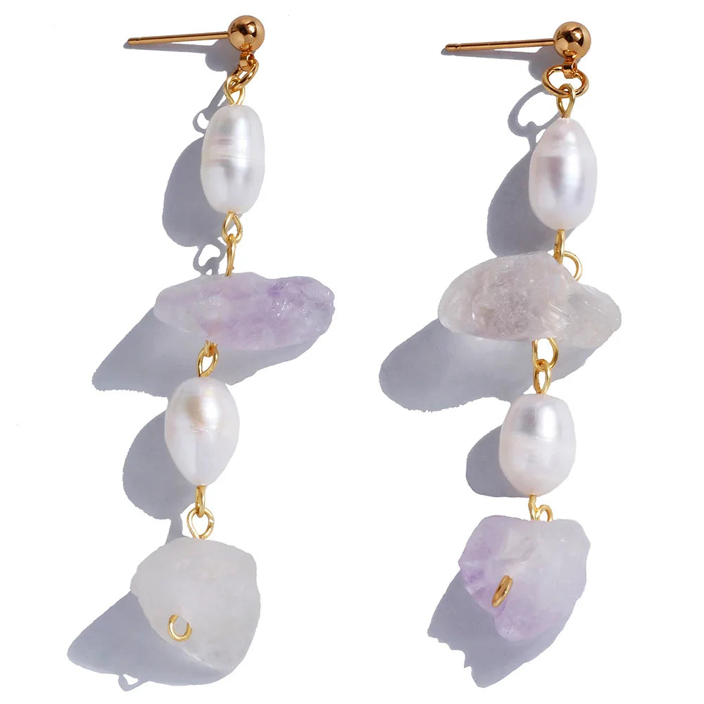 Handmade 18K Gold-Plated Freshwater Pearl and Amethyst Earrings Original Design Quartz Drop Fashion Jewelry